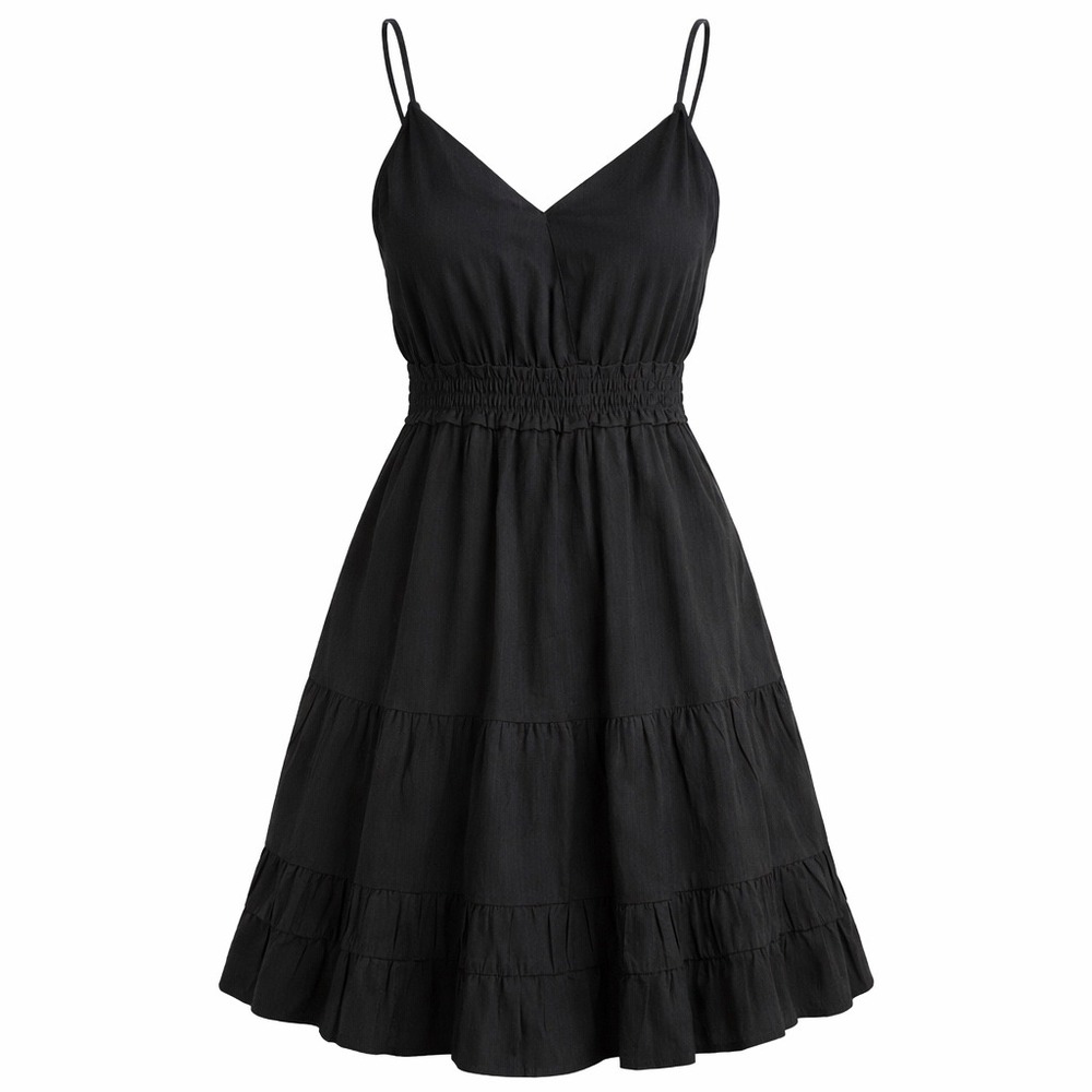 Black Tiered Ruffle Mini Dress L Spaghetti Strap Cinch Waist Boho Fairy Festival